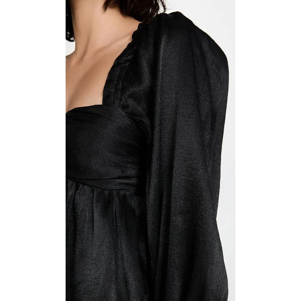 NWT ASTR The Label Sz Small IRENE Black Shine Babydoll‎ Top Smocked Back Ruffle